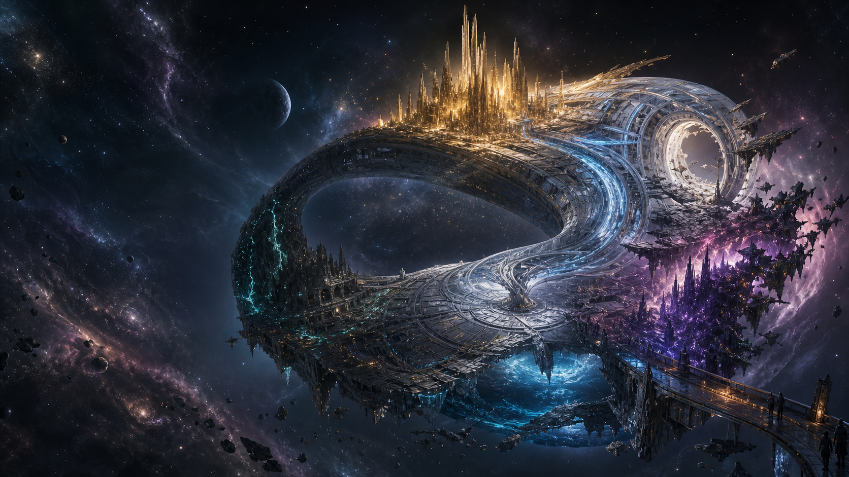 INFINITE HERO NEXUS cinematic universe with a Mobius city-ring and cosmic districts